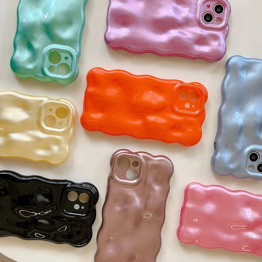 Korean Glossy 3D Meteorite Texture Macaron Solid Color Case For iPhone 14 Pro 13 12 Pro 11 Pro Max Wave Phone Shockproof Shell