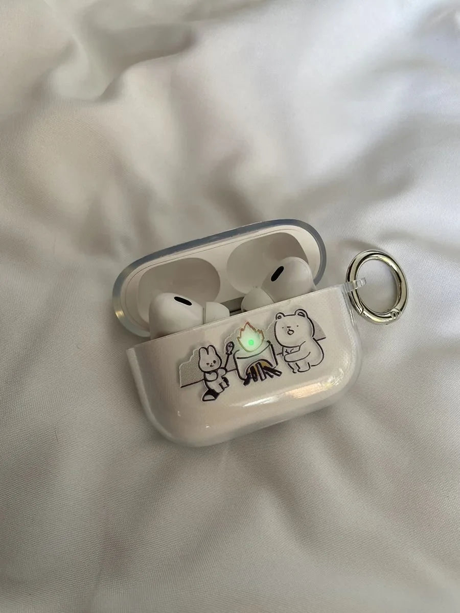 Rabbit Bear Bonfire Cute Cartoon Light Airpod Case for AirPods 4 3 Pro 2 Airpods Pro Case Silicone TPU Cover With Keychain