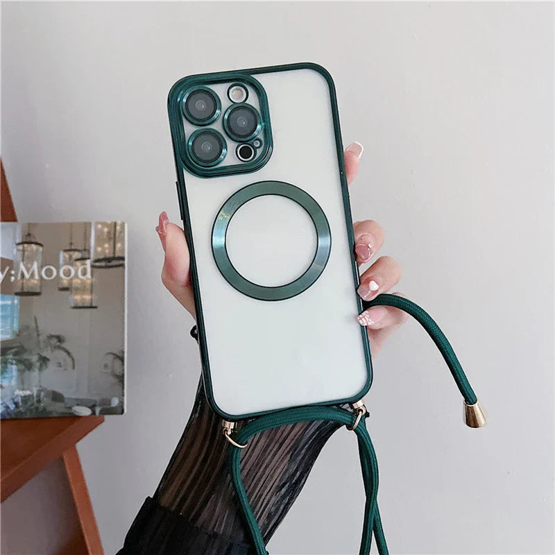 Plating Clear Magnetic For Magsafe Wireless Charging Cases For iPhone 16 15 14 17 12 13 Pro Max Crossbody Lanyard Necklace Cover