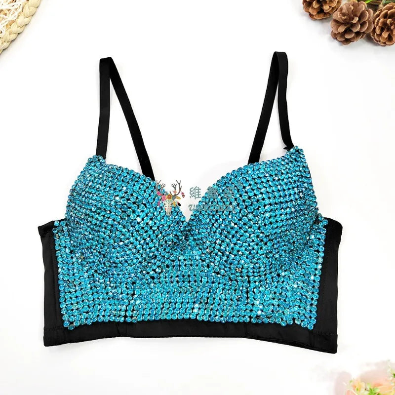 Colored Rhinestone Longline Costume Bra