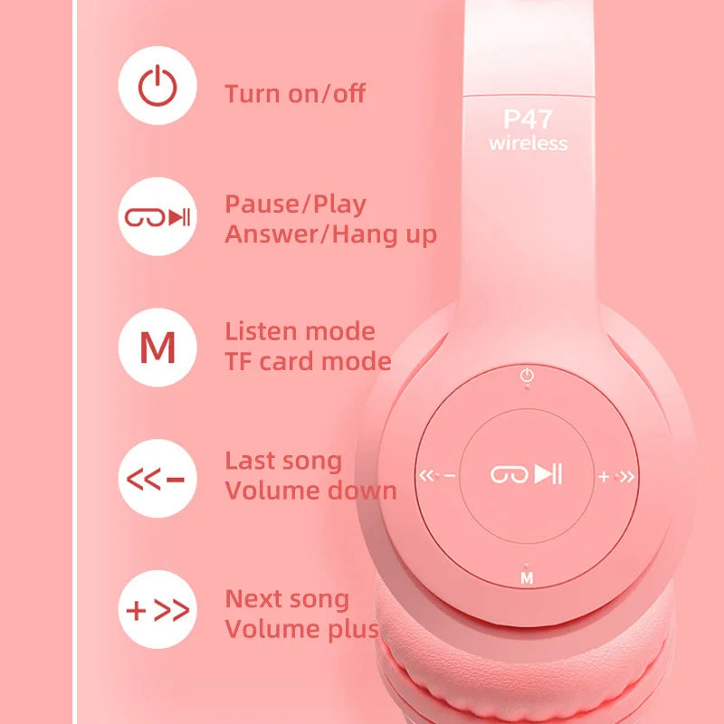 Flash Lamp Cute Cat Ears Headphone Bluetooth5.0 Stereo With Mic Support TF Card Wireless Kids Girl Earphone Birthday Gift