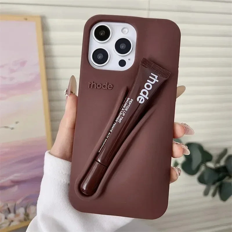 Fashion Lip Gloss Portable Silicone Shockproof Phone Case with Lipstick Suitable for IPhone 11 12 13 14 15 16 17 Pro Max Plus