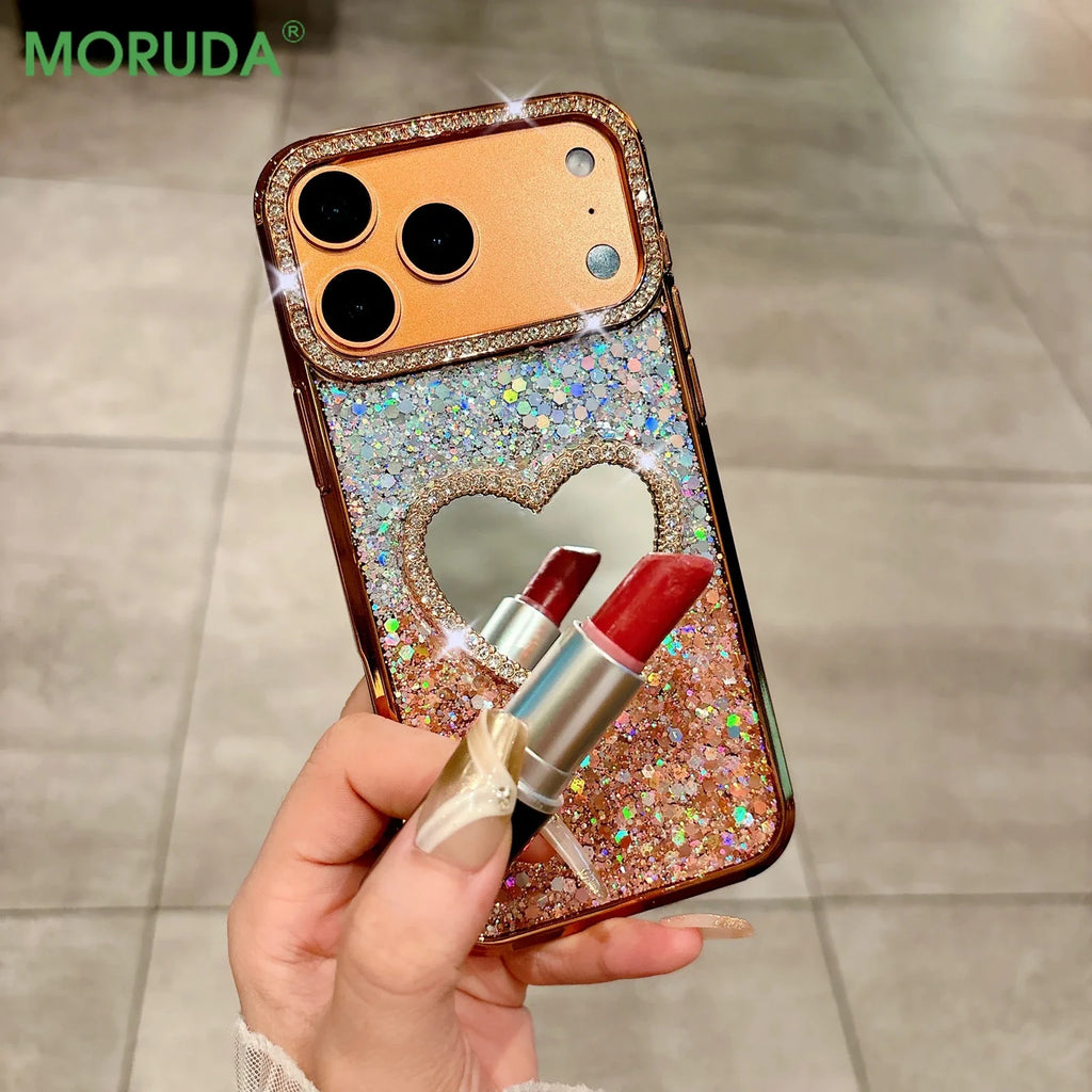 Luxury Diamond Love Heart Mirror Phone Case for iPhone 17 Air 16 15 14 13 Pro Max 17Pro Girls Gradient Shiny Plating Soft Cover