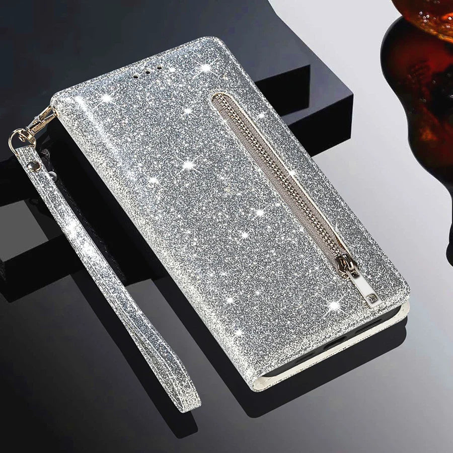 Zipper Glitter Leather Wallet Flip Case For Samsung Galaxy Z Fold 6 5 4 3 5G Cover Fold4 Bling Card Solt Pocket Purse Book Coque