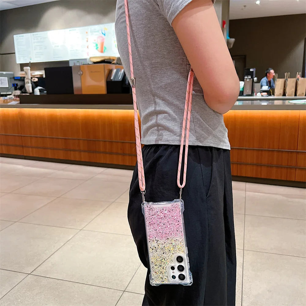 Glitter Gradient Crossbody Case for Samsung Galaxy S24 Ultra S22 S23 Plus A55 A54 A34 A14 A15 A53 Lanyard Necklace Bumper Cover