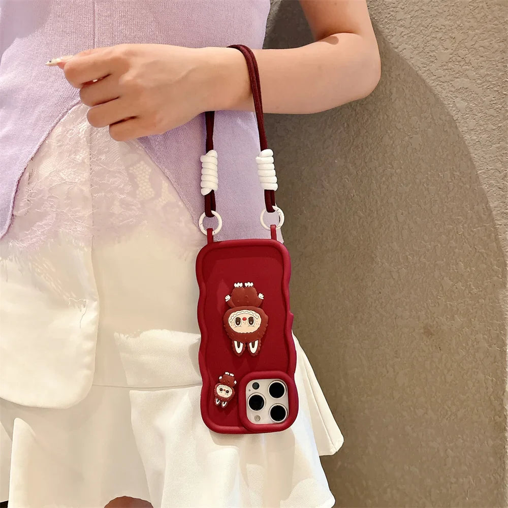 3D Cute Cartoon Animals Silicone Soft Phone Case with Wrist Strap For iPhone 16 Pro Max 15 14 13 Wave Edge Frame Candy Cover