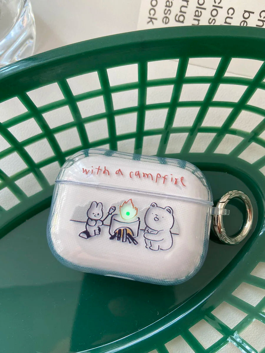 Rabbit Bear Bonfire Cute Cartoon Light Airpod Case for AirPods 4 3 Pro 2 Airpods Pro Case Silicone TPU Cover With Keychain