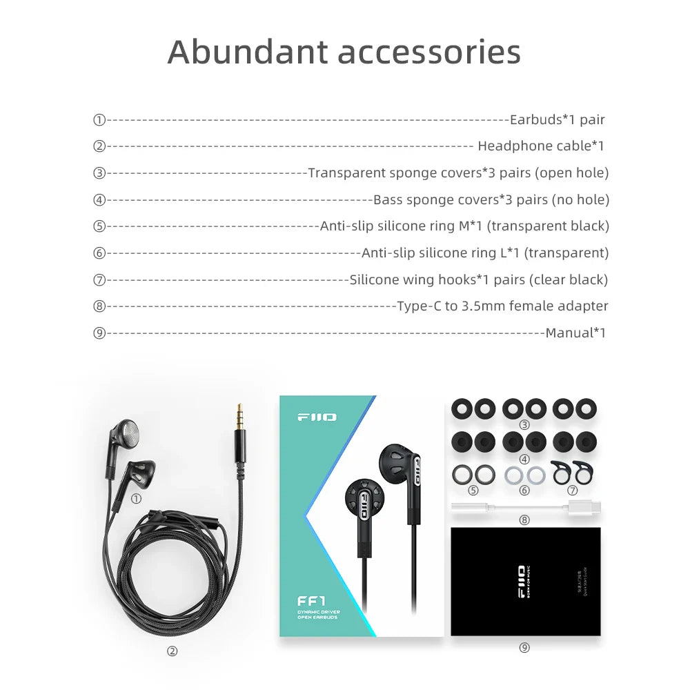 FiiO FF1 3.5mm HIFI Music Wired Bass Earbud 14.2mm Dynamic HD Microphone Earphone for Gaming Meeting Video