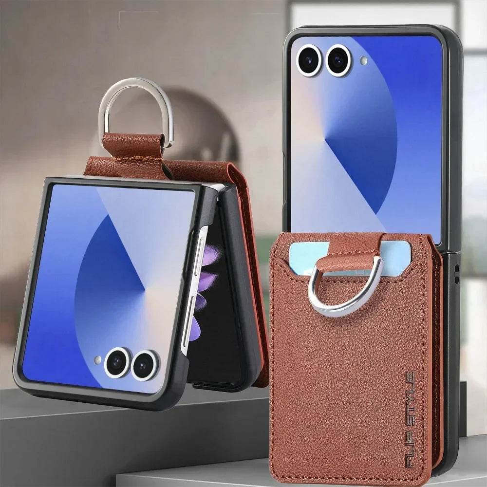 Samsung Galaxy Z Flip Wallet Phone Case - Lychee Pattern Leather with Ring Card Holder for Z Flip 7/6/5/4/3/2/1 Flip7/Flip6/Flip