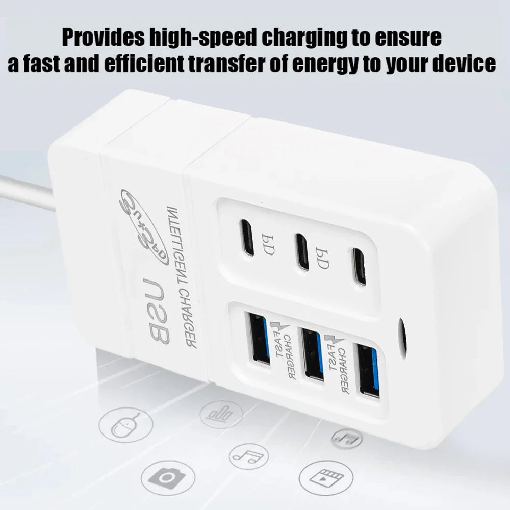 PD Quick Charging Wall Chargers USB Hub Adapter 6 Ports USB Type C Desktop EU US Plug Slots Charging Extension Socket Outlet