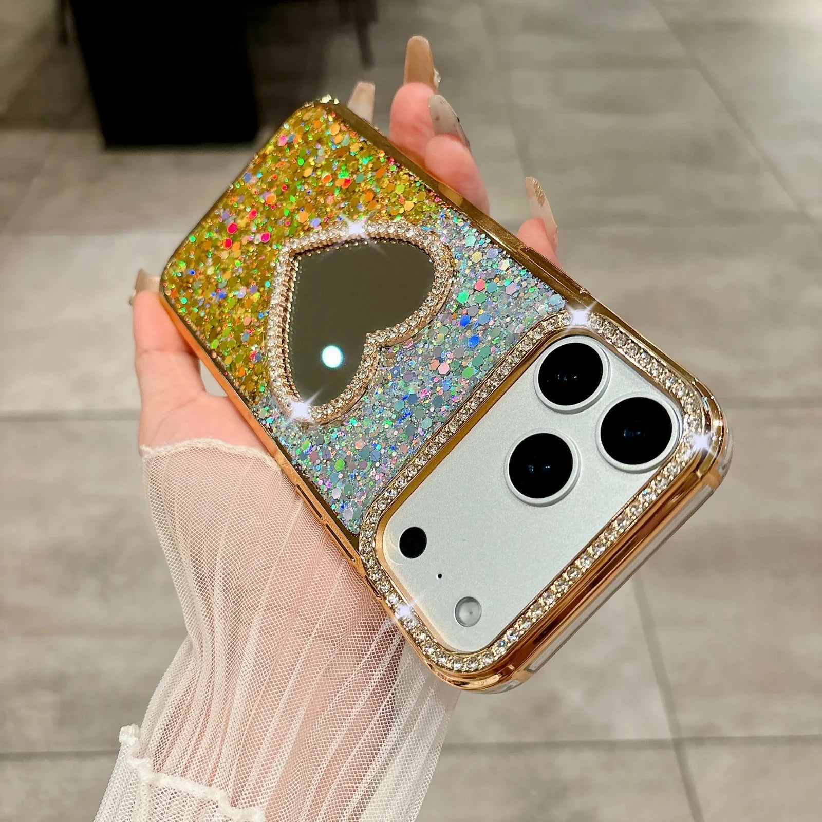 Luxury Diamond Love Heart Mirror Phone Case for iPhone 17 Air 16 15 14 13 Pro Max 17Pro Girls Gradient Shiny Plating Soft Cover
