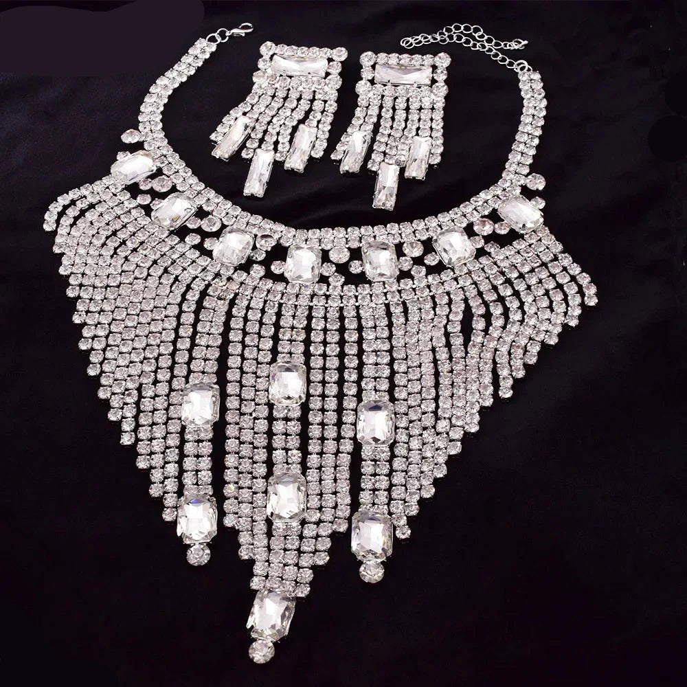 Rhinestone Tassel Earring & Necklace Jewelry Set