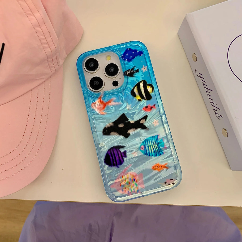 Korean Ins Ripple Texture Aquaria Lovely Fishes Case for iPhone 16 15 14 13 11 Pro Max Plus Back Phone Cover for 12 Pro Max