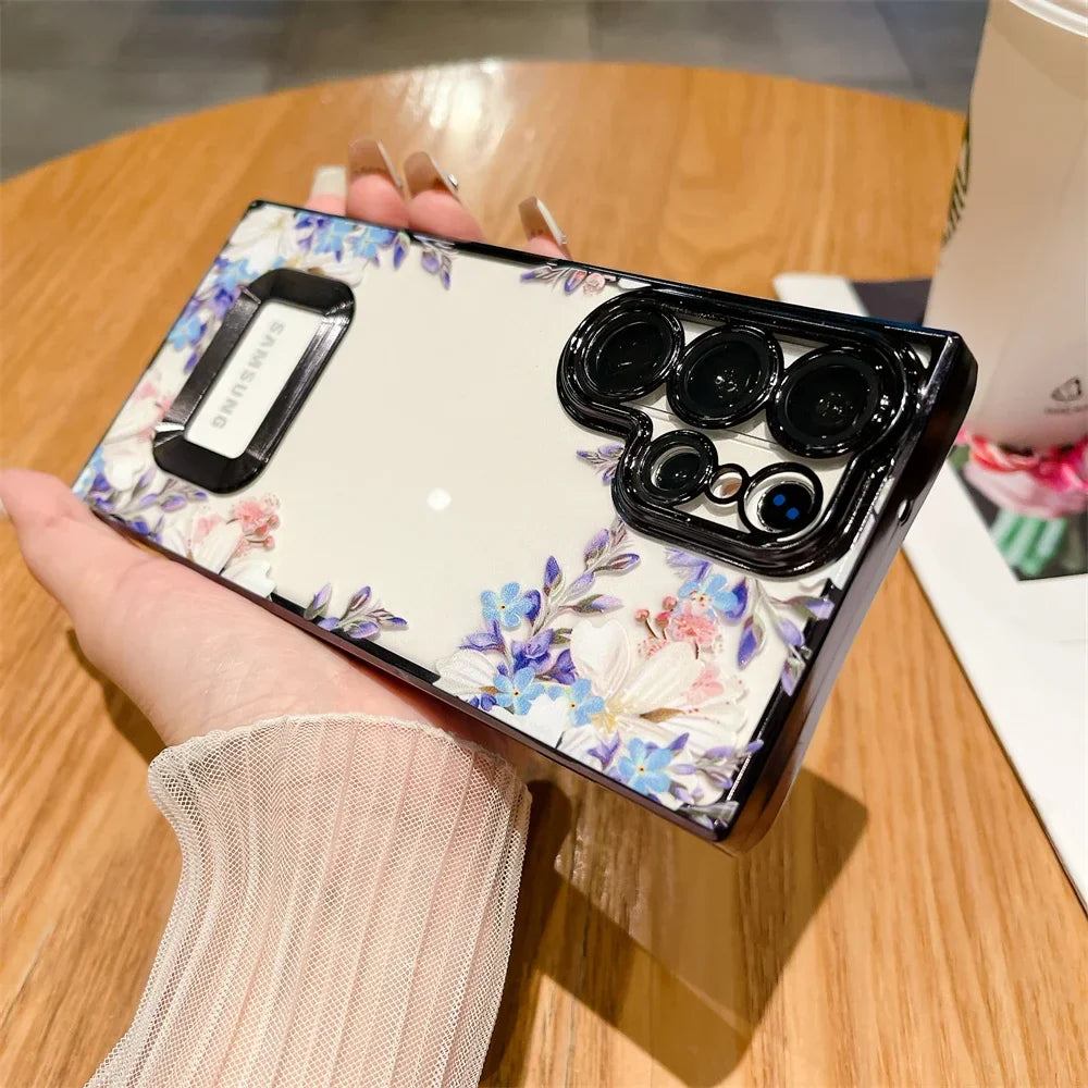 For Samsung S24 Ultra Luxury Plating Logo Hole Case For Samsung Galaxy S23 Ultra S22 Plus Flower Camera Film Transparent Cover