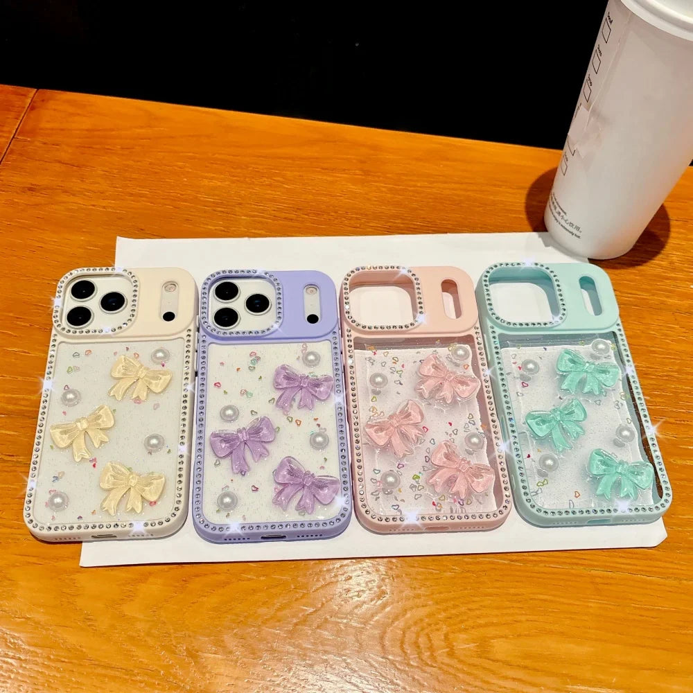 Shiny Diamond 3D Pearl Bow Phone Case For iPhone 17 AIR 16 15 14 13 Pro Max 17pro Plating TPU Epoxy Shockproof Transparent Cover