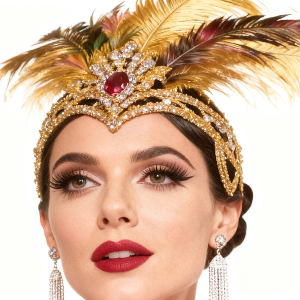 Rhinestone Crown Feather Headdress