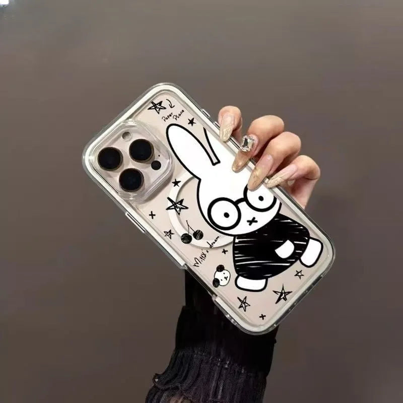 Doodle Cute Magnetic Black Lines Miffy Kawaii Retro Phone Case Apple 16 15 14 13 12 11 Pro Max Plus Huawei Mate and Pura