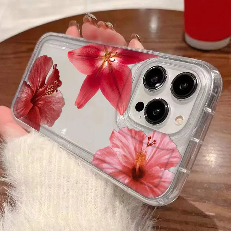 Cherry Flower Print Clear Case For iPhone 16 15 14 13 Pro Max 11 12 Mini X XR XS Max 7 8 Plus SE2 Stylish Shockproof Soft Cover