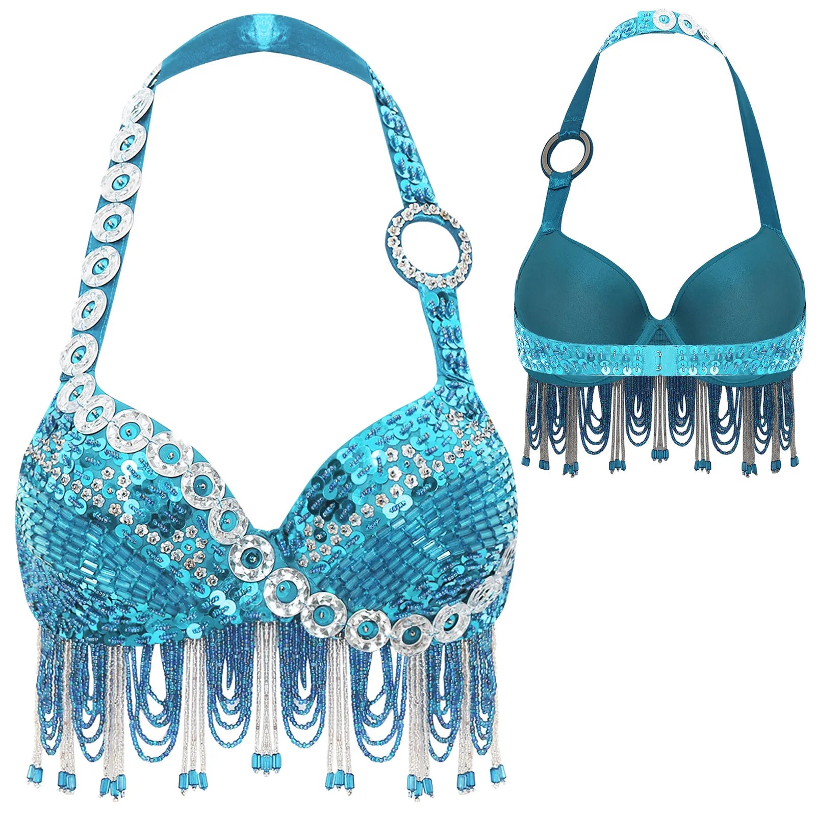 Sequin Beaded Fringe Tassel Performance Costume Halter Bra Top