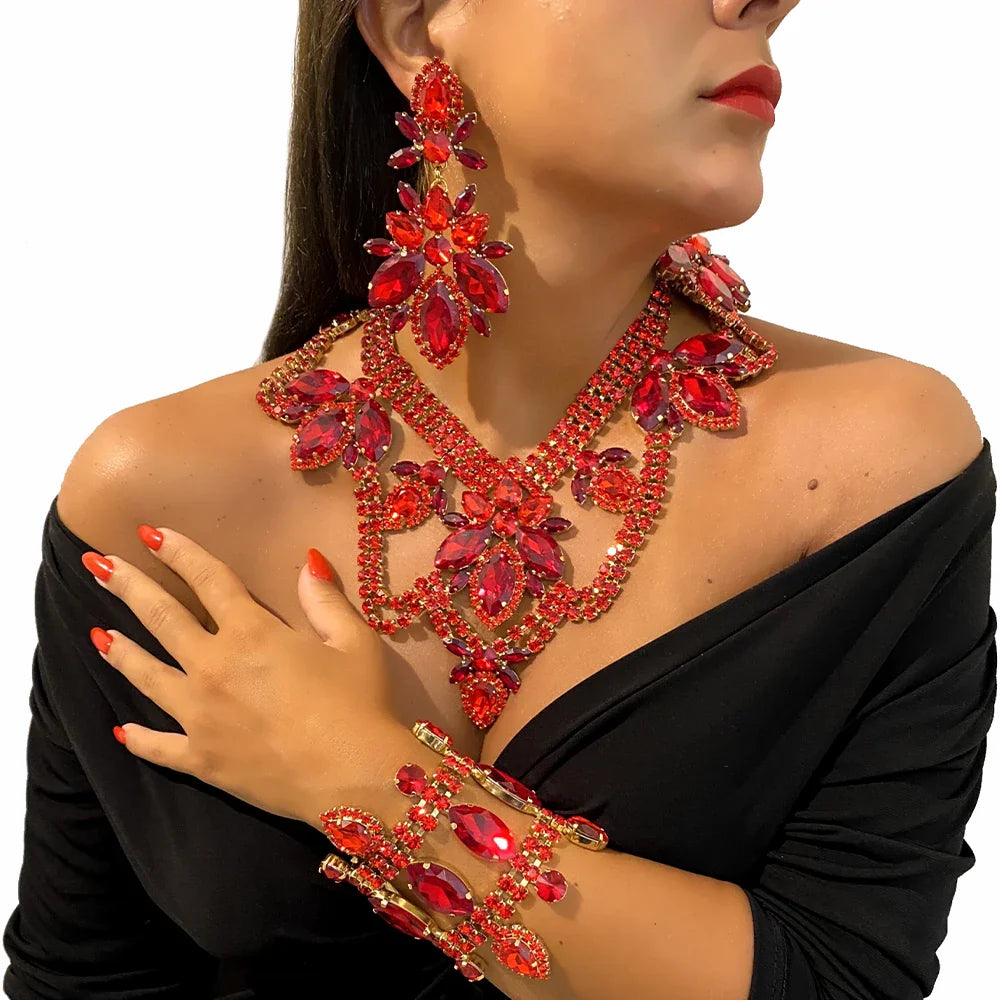 Red Rhinestone Necklace Earring & Bracelet Set