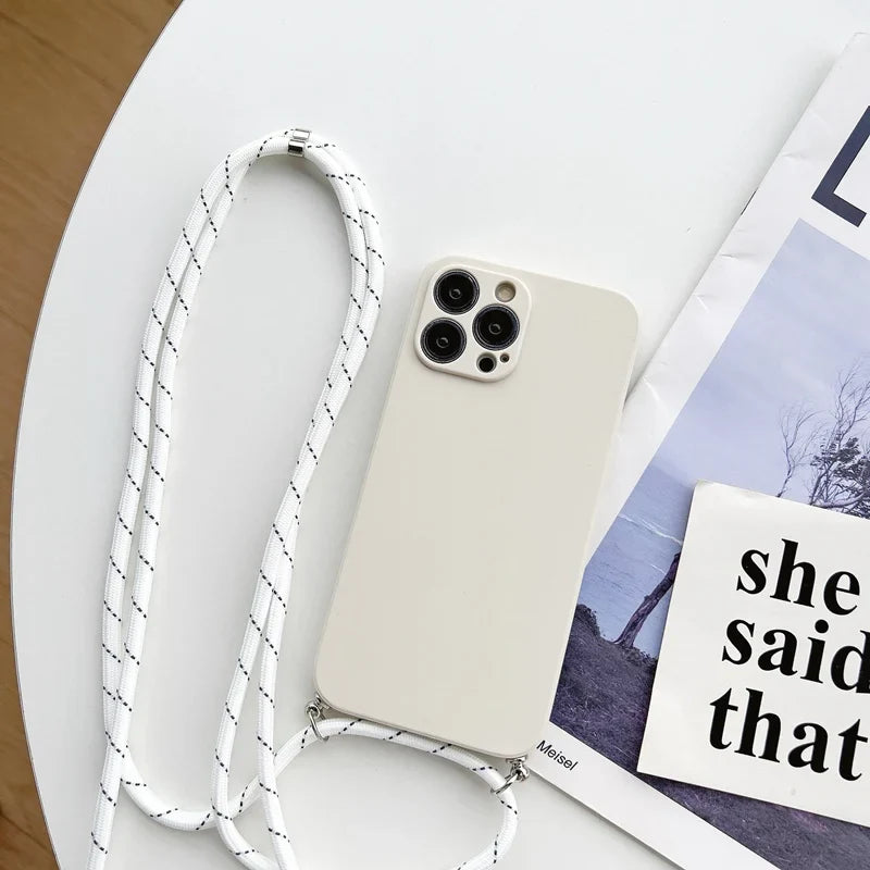 Simple Crossbody Lanyard Silicone Case For iPhone 15 11 12 13 14 Pro Max XR X XS 7 8 Plus Cord Rope Necklace Strap Soft Cover