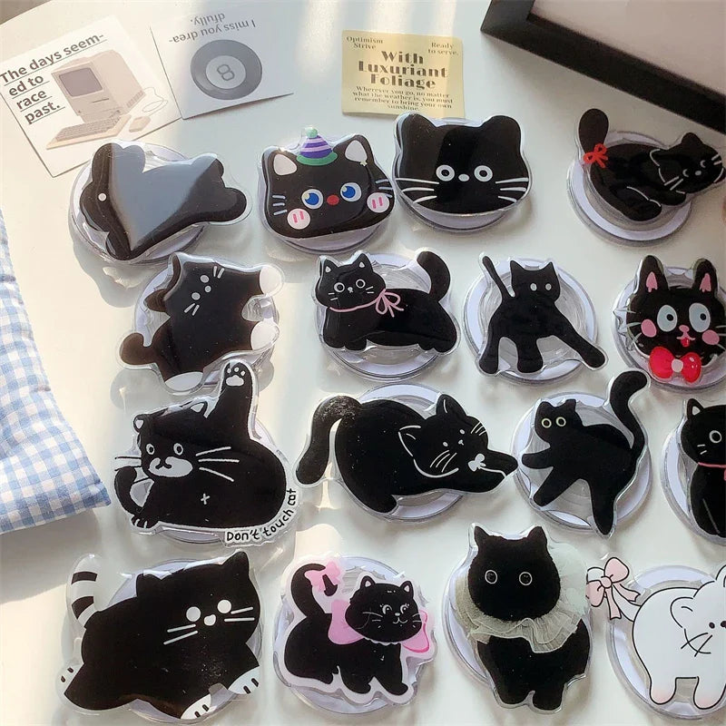 Korean Cute Cartoon Black Cat For Magsafe Magnetic Phone Griptok Phone Holder Stand Universal Phone Ring Grip Tok For iPhone 15
