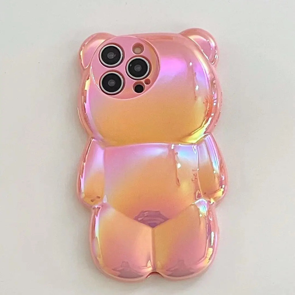 Ins Cute 3D Aurora Cartoon Bear Case For iPhone 11 13 12 14 15 16 Pro Max 16 Plus Colorful Laser Rainbow Gradient Soft Cover