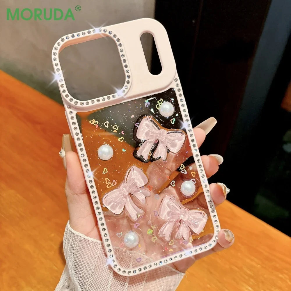 Shiny Diamond 3D Pearl Bow Phone Case For iPhone 17 AIR 16 15 14 13 Pro Max 17pro Plating TPU Epoxy Shockproof Transparent Cover