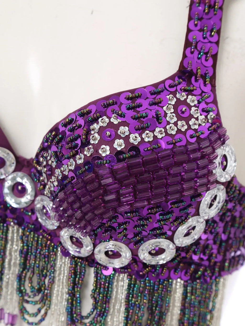 Sequin Beaded Fringe Tassel Performance Costume Halter Bra Top
