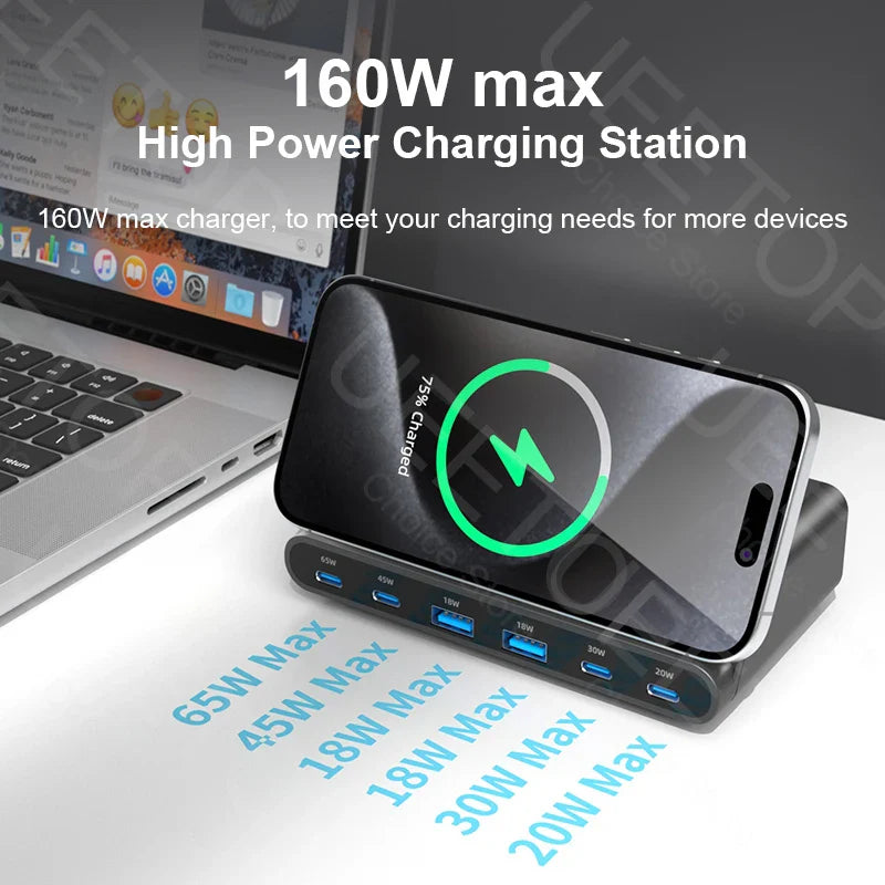 Ueetop 160W USB Charging Station Wireless Charging 65W PD PPS 45W GaN Charger Quick Charger For Laptop Tablet iPhone 15 Samsung