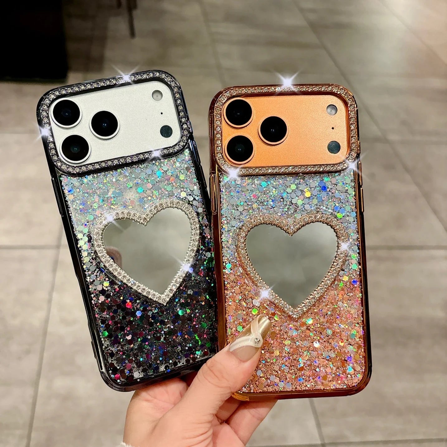 Luxury Diamond Love Heart Mirror Phone Case for iPhone 17 Air 16 15 14 13 Pro Max 17Pro Girls Gradient Shiny Plating Soft Cover