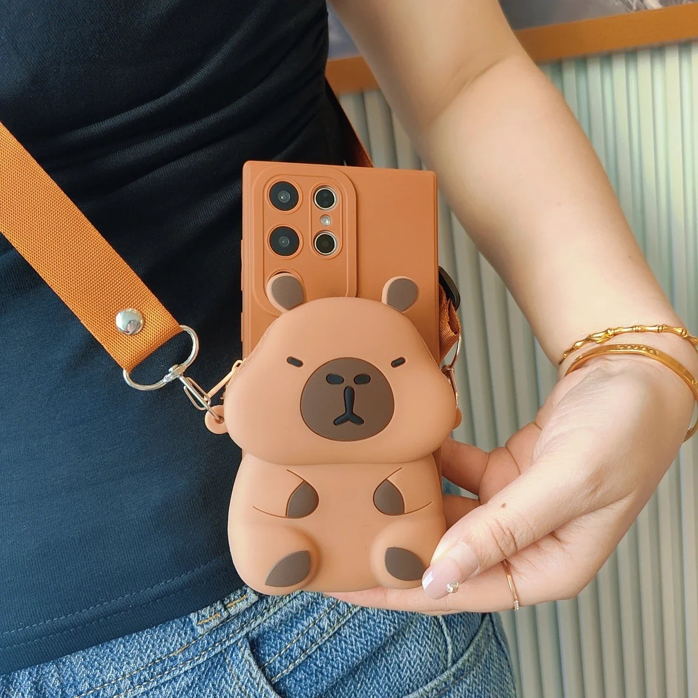3D Cartoon Capybara Taiyaki Crossbody Strap Wallet Lipstick Bag Phone Case for Samsung Galaxy S25 S24 S23 S21 S20 Ultra Plus