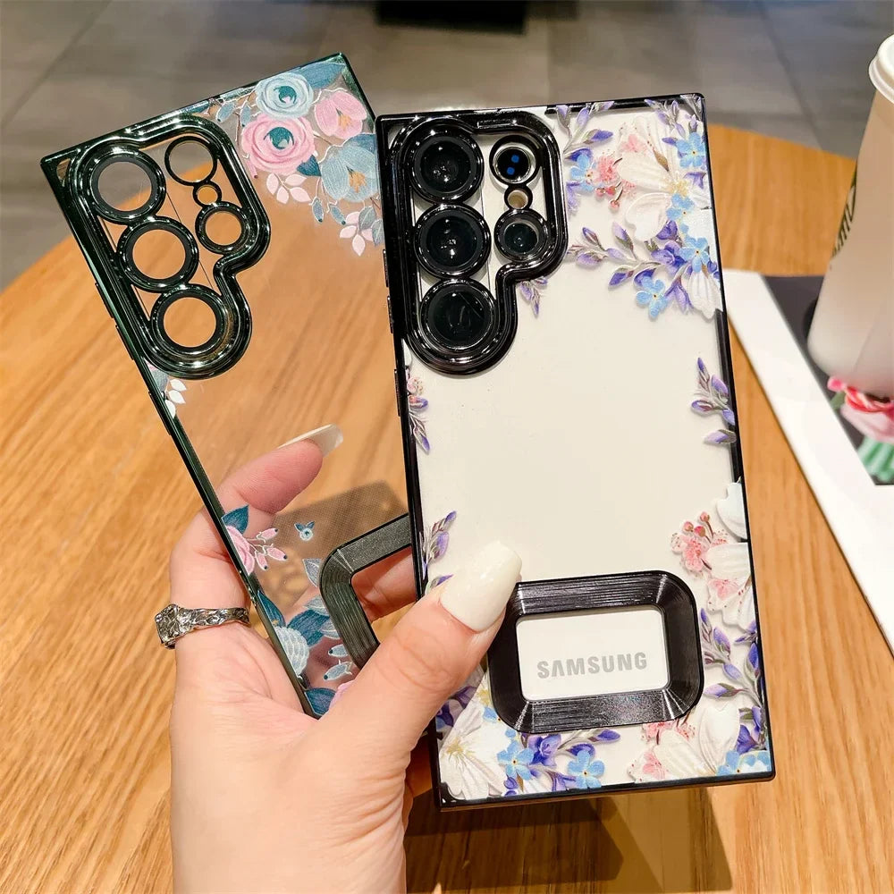 For Samsung S24 Ultra Luxury Plating Logo Hole Case For Samsung Galaxy S23 Ultra S22 Plus Flower Camera Film Transparent Cover