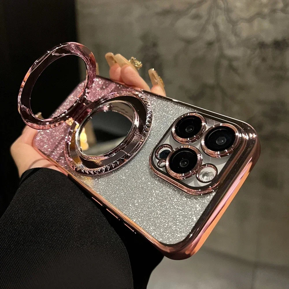 Luxury Glitter Mirror Stand Case for iPhone 16 15 14 13 12 Pro Max 11 X Xr XsMax 7 8 Plus Bracket Gradient Make Up Plating Cover