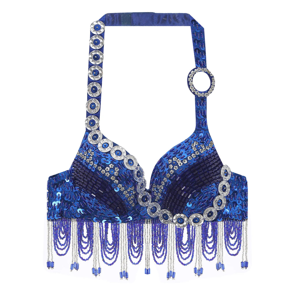 Sequin Beaded Fringe Tassel Performance Costume Halter Bra Top
