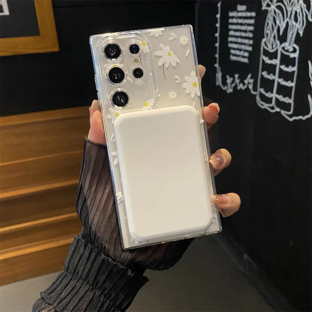 for Magsafe Cartoon Flower Case for Samsung Galaxy S23 S22 Ultra Note 20 S21 Plus Wireless Transparent Soft Shockproof TPU Cover
