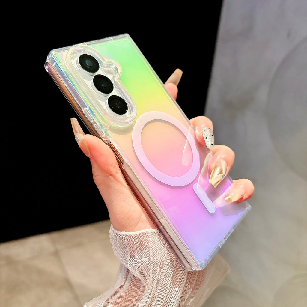 Gradient Aurora Rainbow Laser Magnetic for Magsafe Case for Samsung Galaxy Z Fold 7 6 5 4 3 ZFlip 7 6 5 4 3 Clear Colorful Cover