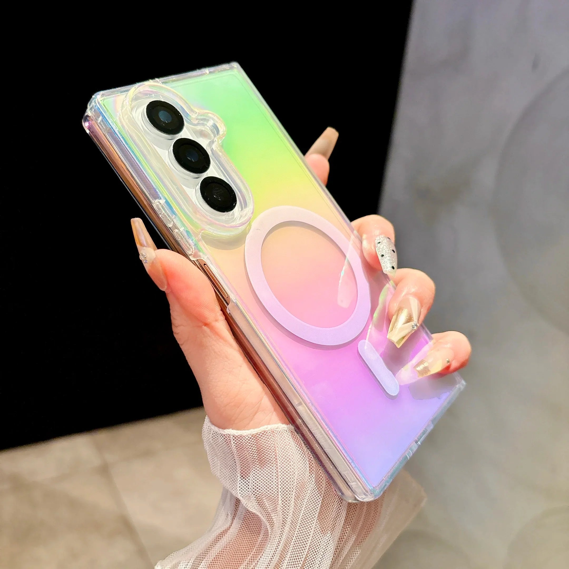 Gradient Aurora Rainbow Laser Magnetic for Magsafe Case for Samsung Galaxy Z Fold 7 6 5 4 3 ZFlip 7 6 5 4 3 Clear Colorful Cover