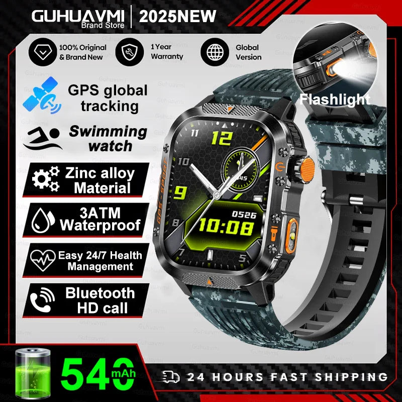 2025New GPS Smart Watch For Xiaomi IOS Military Compass Flashlight Smartwatch Men 10ATM Waterproof 100+Sport Modes BT Call Watch