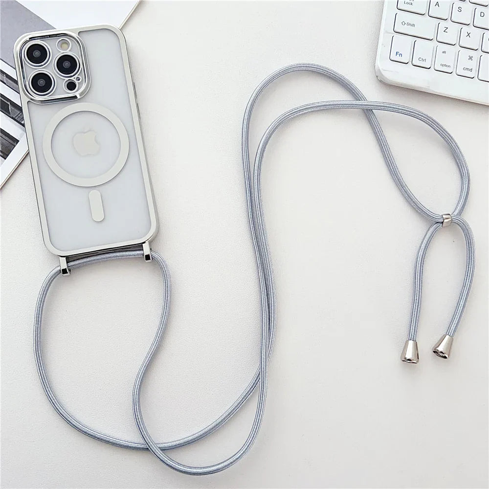 Luxury Necklace Cord Rope Lanyard Plating Magnetic Clear Phone Case For iPhone 16 14 11 12 13 15 Pro Max For Magsafe Soft Coverd
