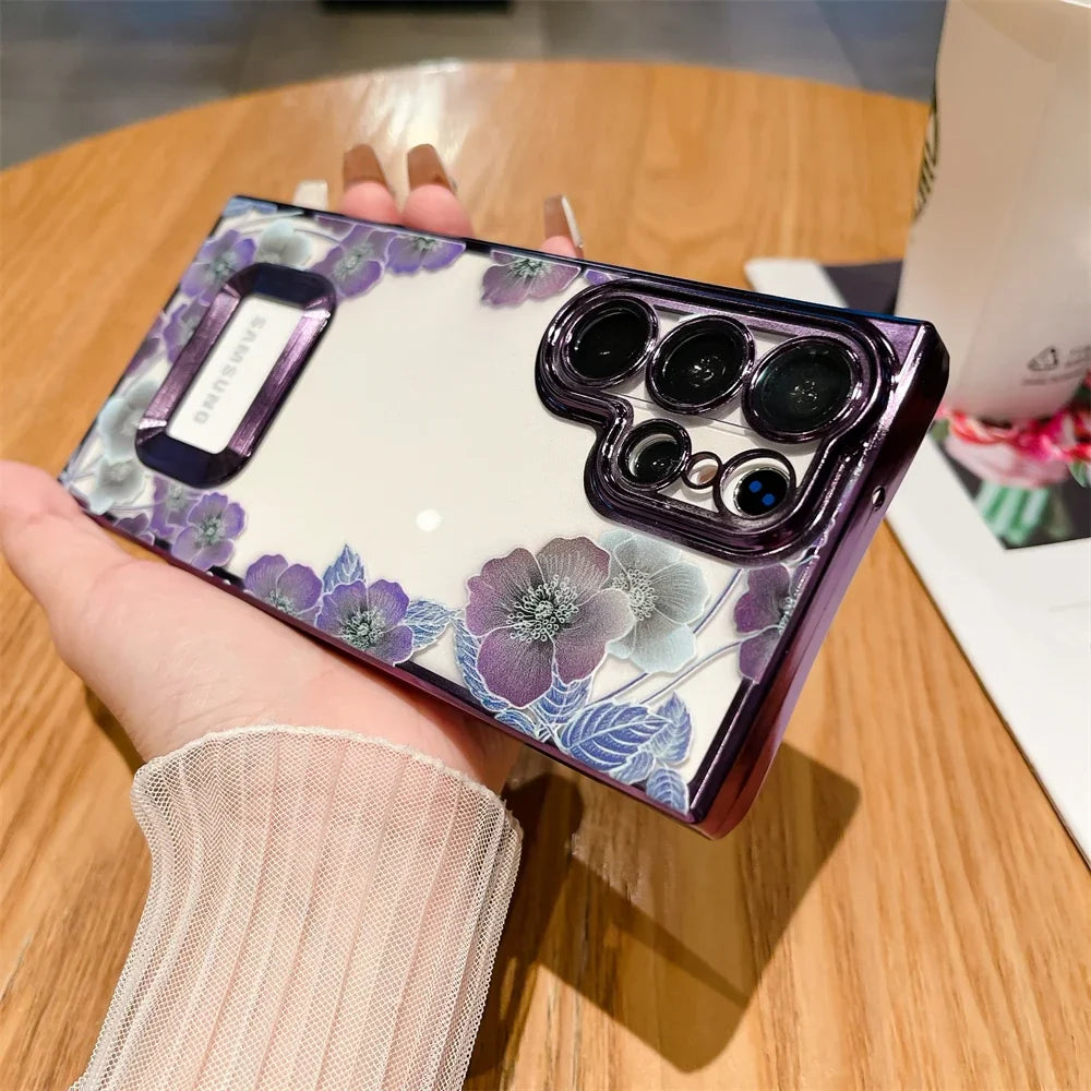 For Samsung S24 Ultra Luxury Plating Logo Hole Case For Samsung Galaxy S23 Ultra S22 Plus Flower Camera Film Transparent Cover