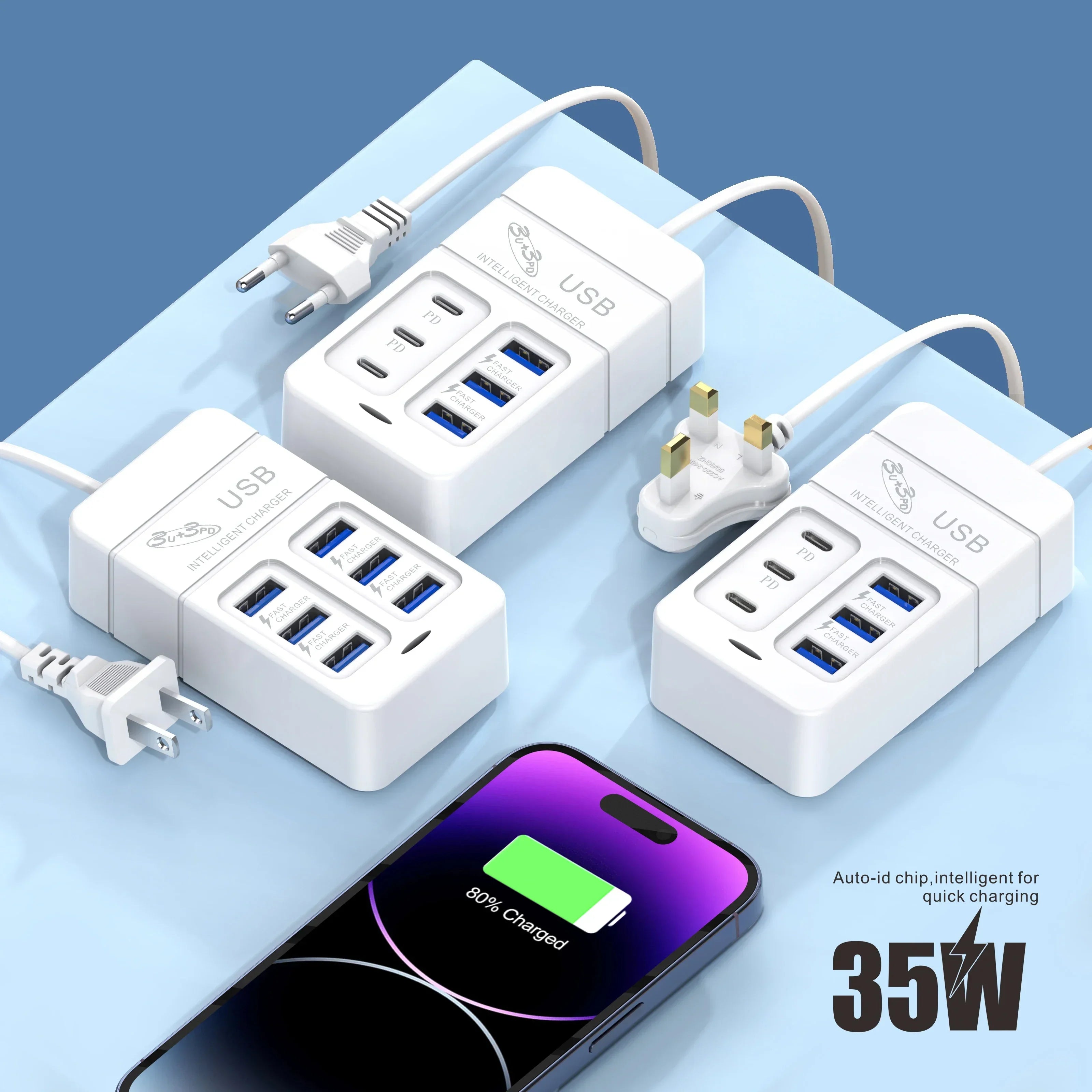 PD Quick Charging Wall Chargers USB Hub Adapter 6 Ports USB Type C Desktop EU US Plug Slots Charging Extension Socket Outlet