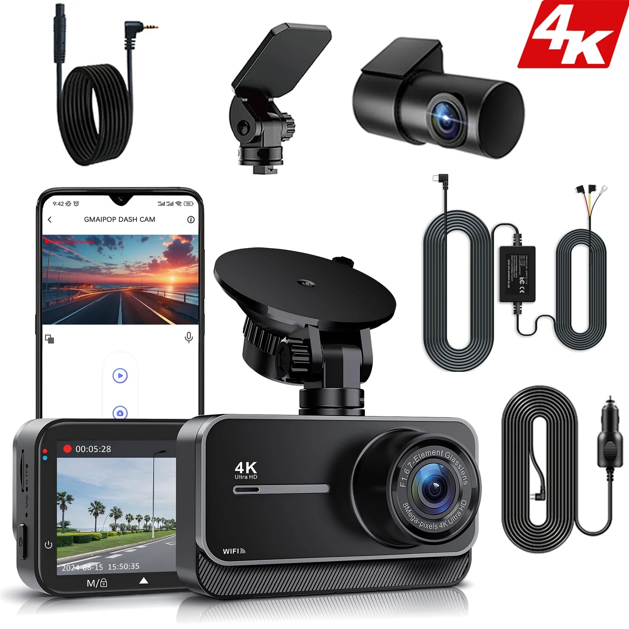 4K Dash Cam for Cars Car Camera Dash Cam WIFI Camera for Car Front and Rear Dash Camera Black Box 24H Parking Mode Recorder