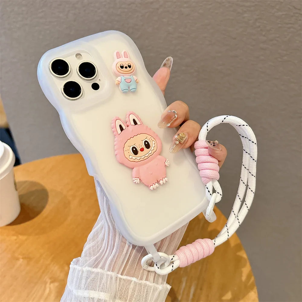 3D Cute Cartoon Animals Silicone Soft Phone Case with Wrist Strap For iPhone 16 Pro Max 15 14 13 Wave Edge Frame Candy Cover