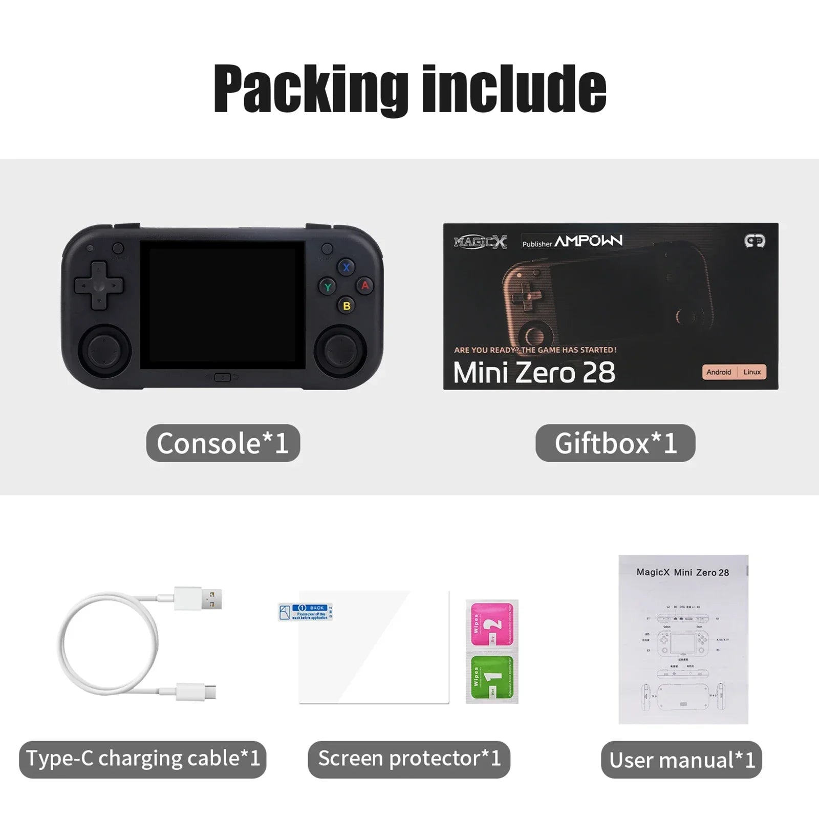 Ampown Mini Zero 28 Retro Handheld Game Console 2.8'' IPS Screen A133P Processor Android System MAGICX ZERO28 Video Player Gifts