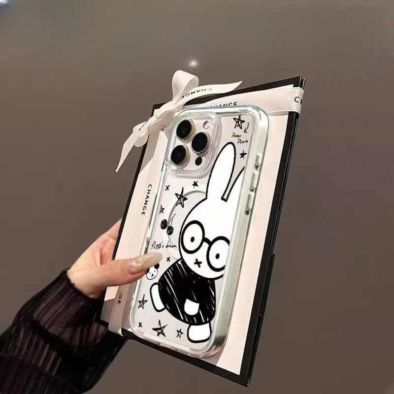 Doodle Cute Magnetic Black Lines Miffy Kawaii Retro Phone Case Apple 16 15 14 13 12 11 Pro Max Plus Huawei Mate and Pura
