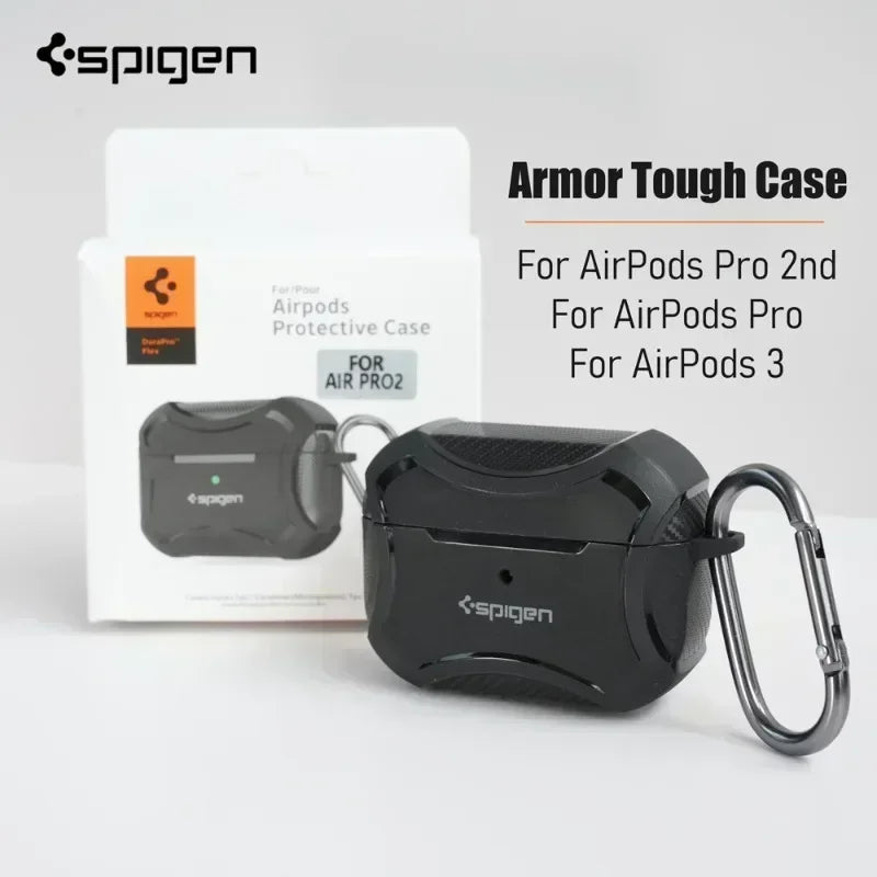 Carbon Fiber Texture Armor Rugged Earphone TPU Case For Spigen Airpods Pro 2/Pro/Airpods 3 Full Protective Case with Metal Hook