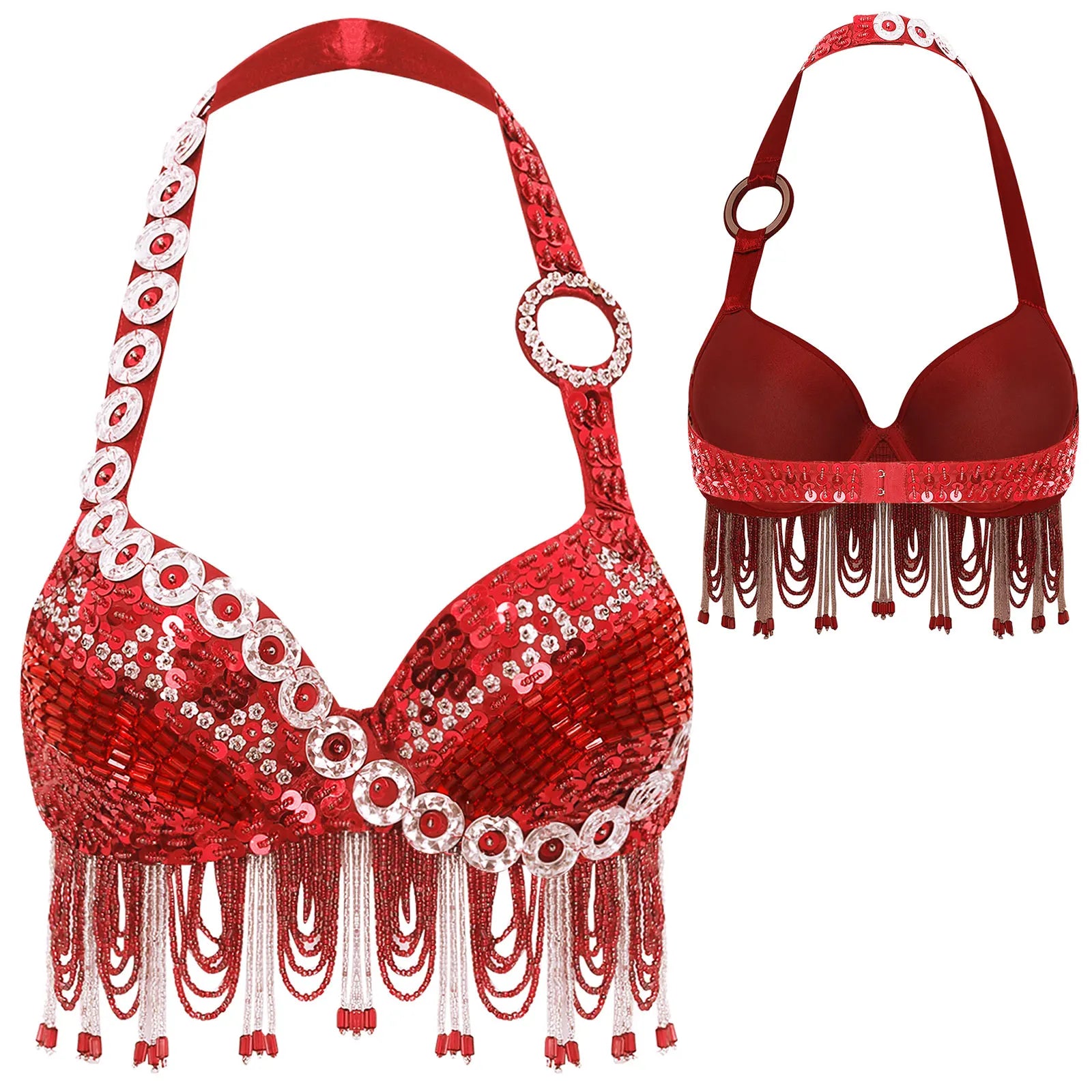 Sequin Beaded Fringe Tassel Performance Costume Halter Bra Top