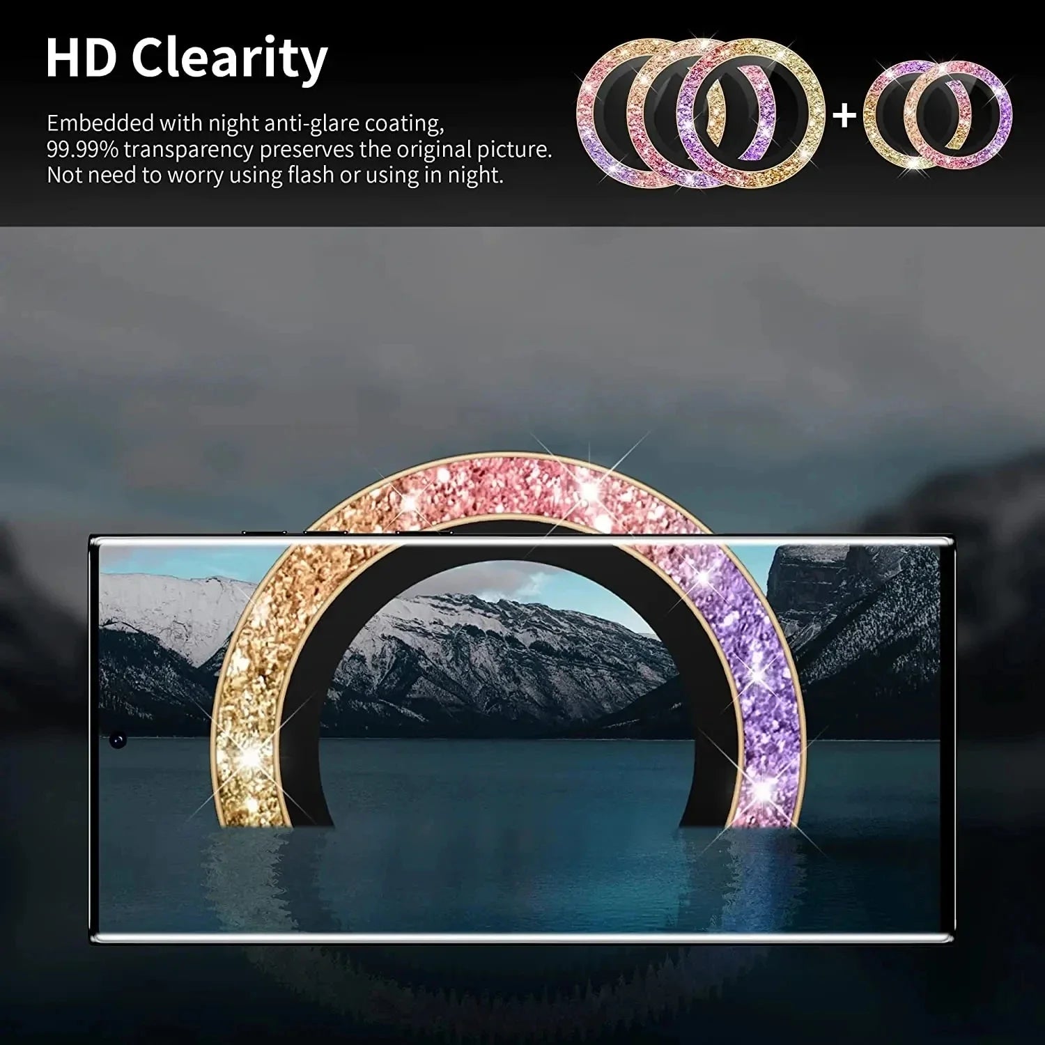 Glitter Camera Glass for Samsung Galaxy S24 Ultra , S23 Ultra , S22 Ultra , S24 Protective Lens Ring Screen Protector