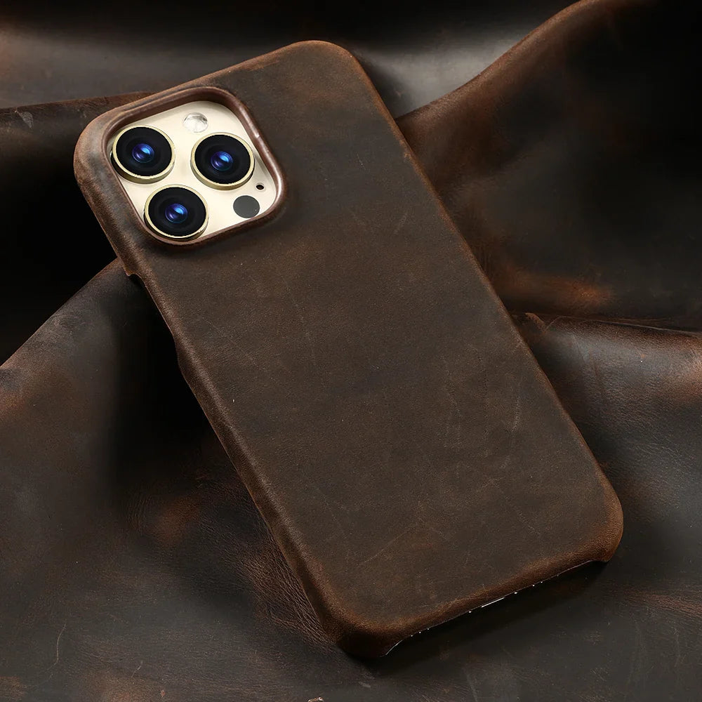 for Magsafe Case for iPhone 17 15 16 Pro Max Air Retro Luxury Full Grain Cowhide Genuine Oiled PULL-UP Leather Magnetic Cover